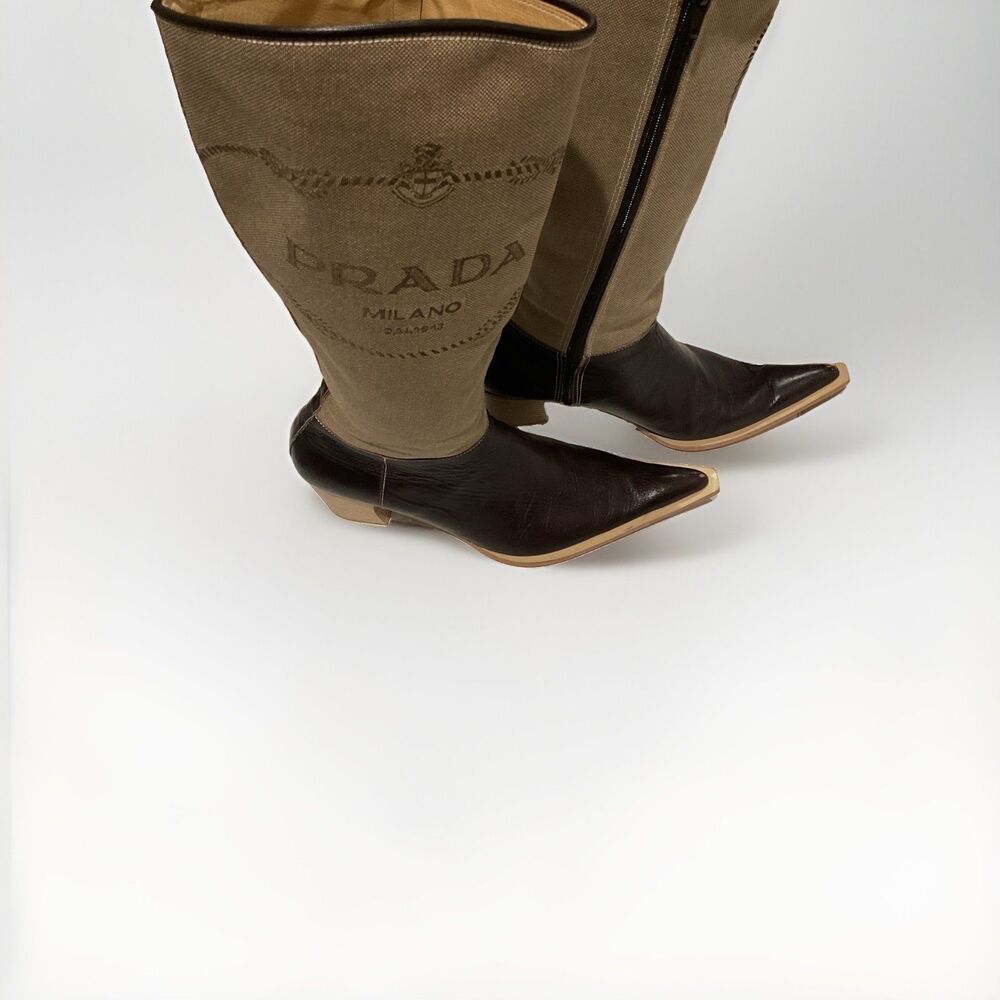 Prada Two-Tone Brown and Beige Pointed-Toe Knee Boots - Picture 2 of 10